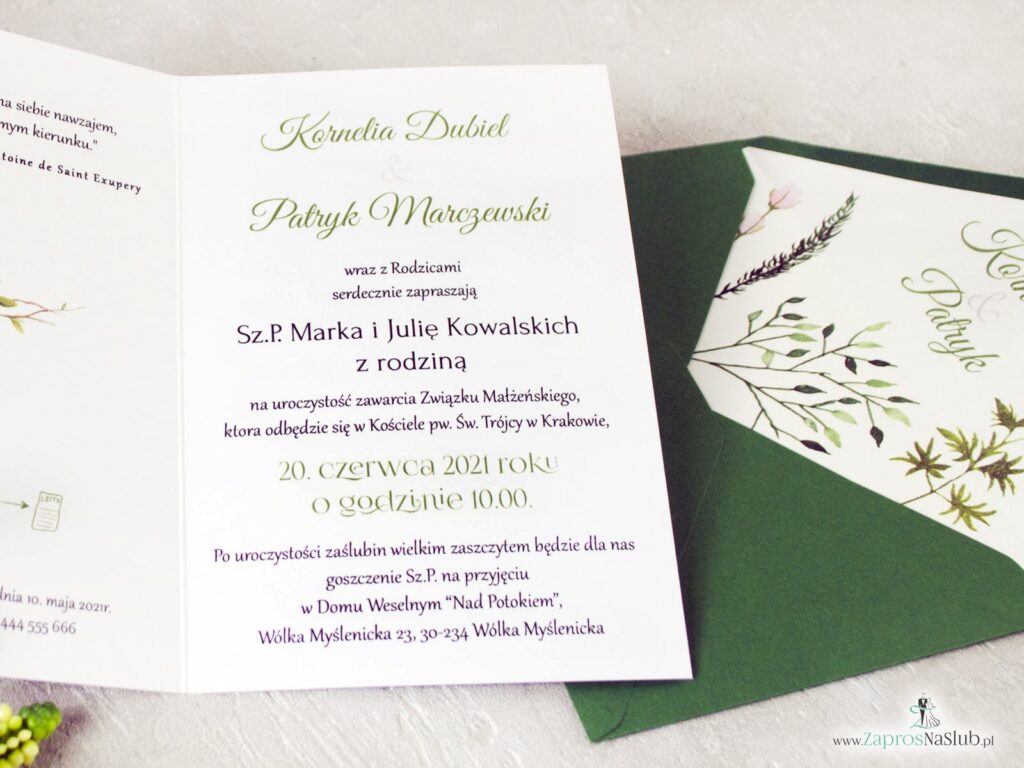 Zaproszenia ślubne z wkładką do koperty z zielonymi liśćmi w stylu rustykalnym z motywem zielonych liści ZAP-123