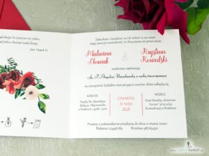 Zaproszenia ślubne kwiatowe z czerwonymi różami oraz motywem tekstowym w ramce ze złotego papieru z efektem lustra ZAP-114