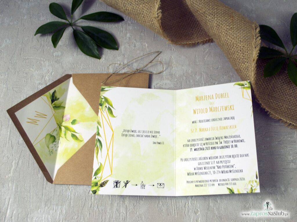Zaproszenie na ślub geometryczne, koperta eko z wkładką, rustykalne zielone liście ZAP-41-01