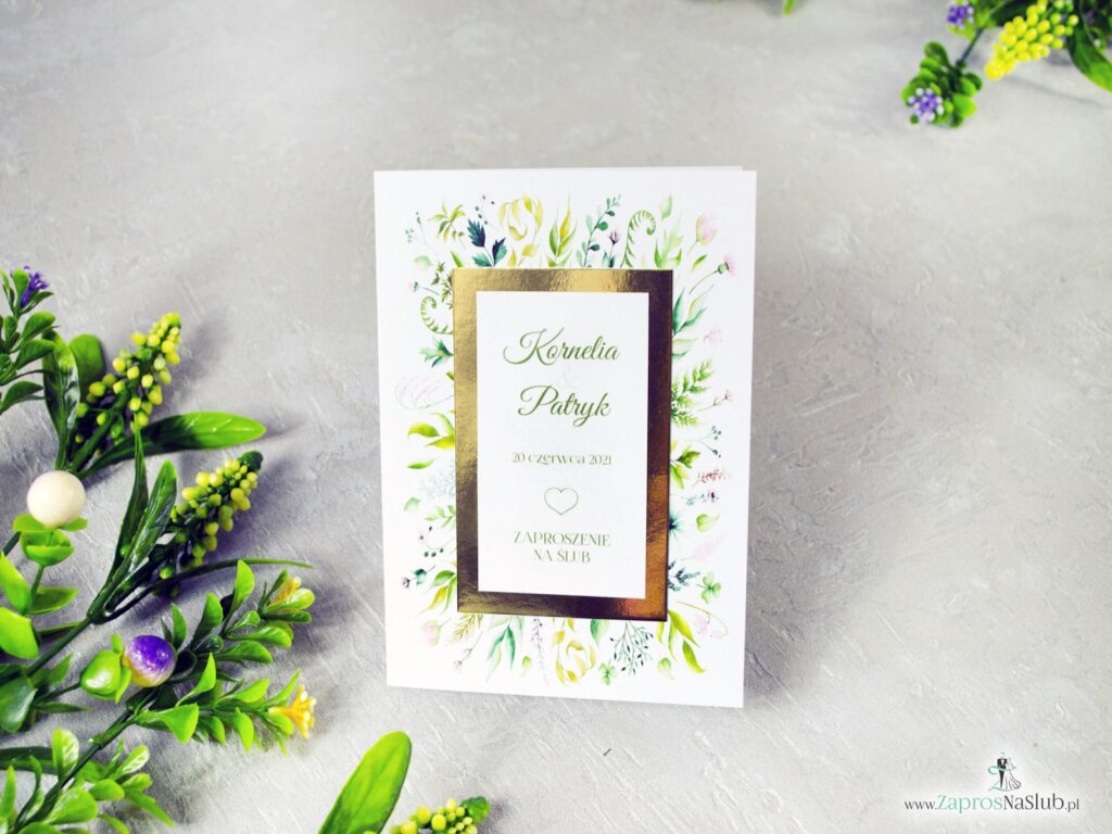 Zaproszenie na ślub modne botaniczne, rustykalne, zielone liście, papier złoty lustro, motym tekstowe ZAP-123