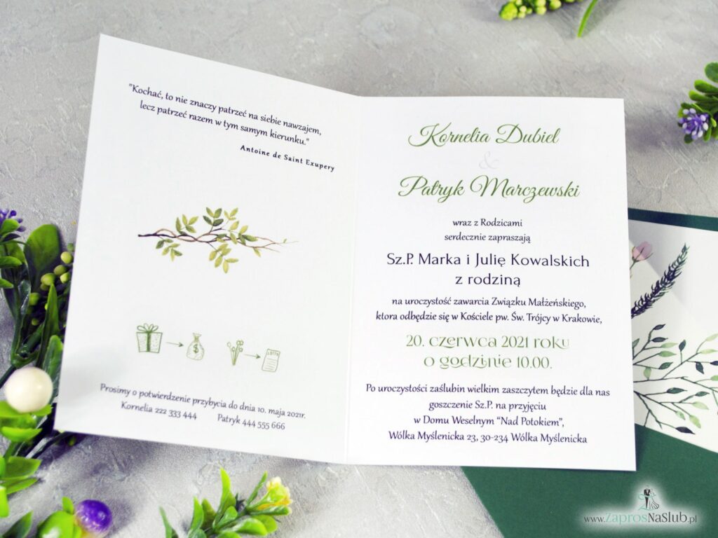Zaproszenie na ślub, styl botaniczny, personalizowane, liście, rebusy ślubne, zielone ZAP-123