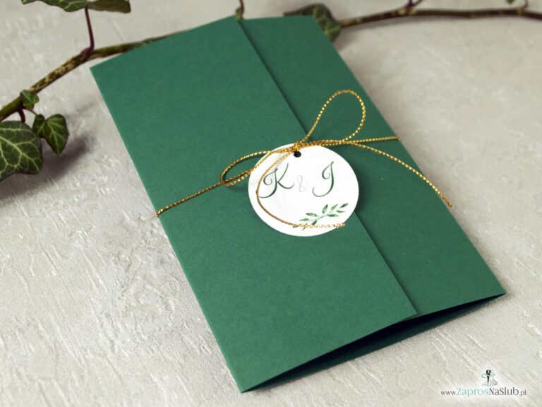 Zaproszenie na ślub, zielone, listki, eleganckie, złoty sznurek ZAP-125-min