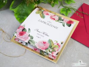 Zaproszenie ślubne na złotym papierze z efektem lustra, motywem kwiatów róży oraz zielonych liści ZAP-110