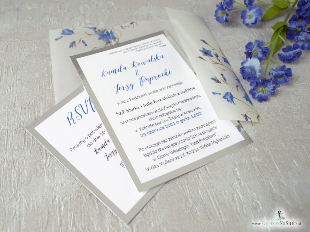 Zaproszenie ślubne dwuczęściowe z kalką na srebrnym papierze z kwiatami dzwonków wkładka rsvp ZAP-124-min