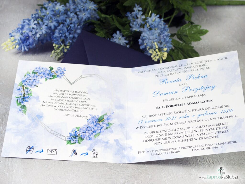 Zaproszenie ślubne, geometryczne serce, kwiaty hortensje niebieskie ZAP-41-11-min
