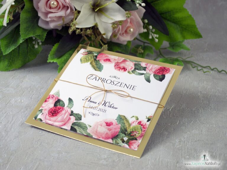 Zaproszenie ślubne na złotym papierze z efektem lustra, motywem kwiatów róży oraz zielonych liści ZAP-110