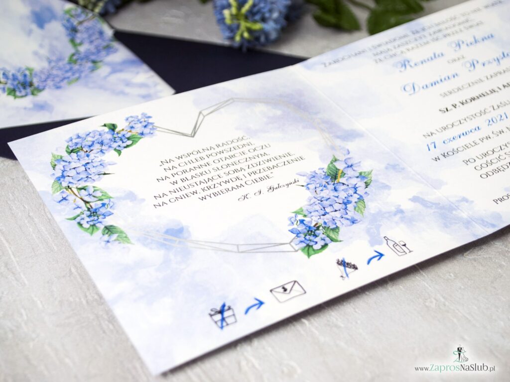 Zaproszenie ślubne kwiatowe z geometrycznym sercem i kwiatami hortensji ZAP-41-11-min