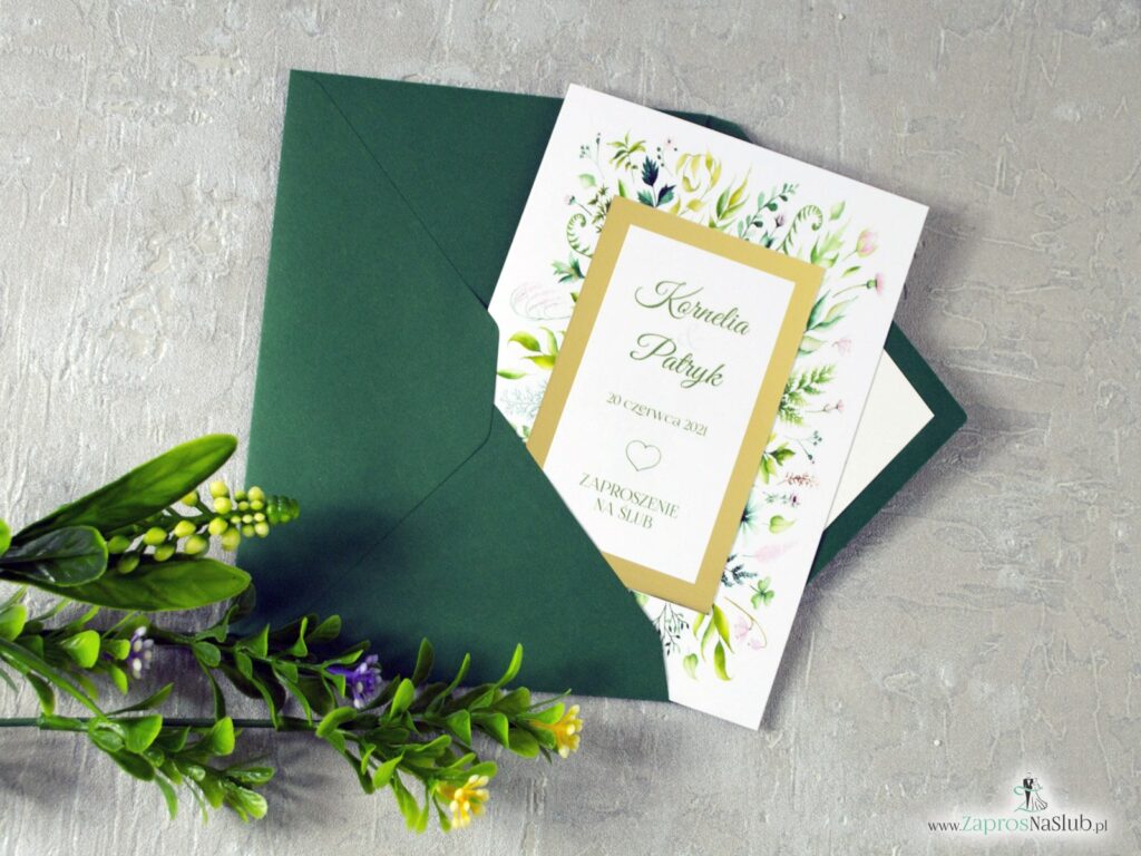 Zaproszenie ślubne liście zielone, zielona koperta, wkładka do koperty z motywem liści ZAP-123