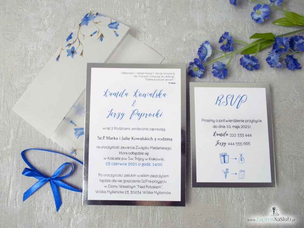 Zaproszenie ślubne na kalce, dwuczęściowe z wkładką rsvp, niebieski kwiaty dzwonki ZAP-124-min