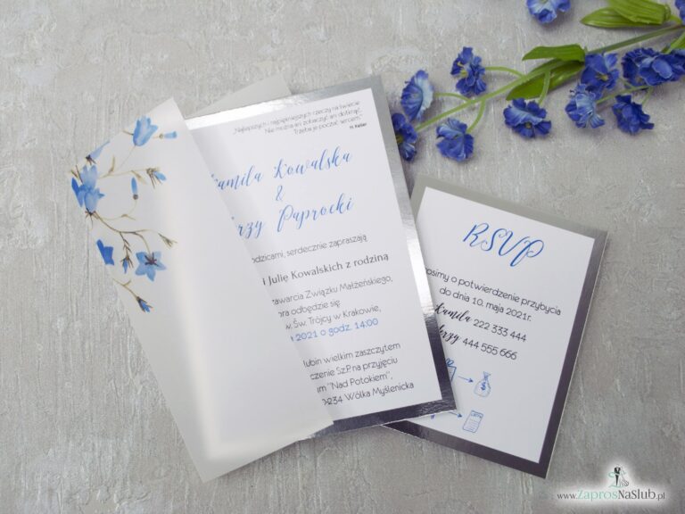 Zaproszenie ślubne, okładka z kalki, dwie części, treść oraz rsvp, na kalce kwiaty dzwonków, papier srebrny lustro ZAP-124-min