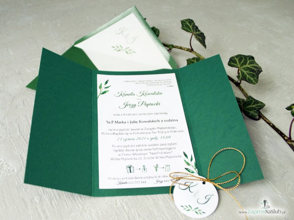 Zaproszenie ślubne w kolorze ciemnej zieleni, ciemno zielona okładka i białe wklejane wnętrze ZAP-125-min