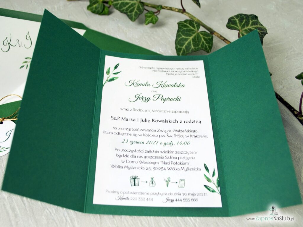 Zaproszenie ślubne zielone z zielonymi liśćmi, eleganckie ZAP-125-min