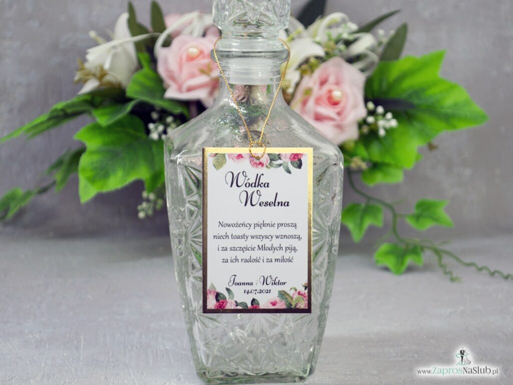 Zawieszka na alkohol na złotym papierze z efektem lustra oraz motywem kwiatów róży i zielonych liści ZAW-110-1-min