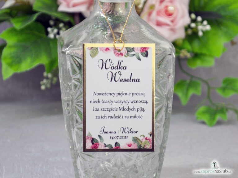 Eleganckie zawieszki na alkohol z motywem kwiatów róży z zielonymi liśćmi na złotym papierze z efektem lustra. ZAW-110-1