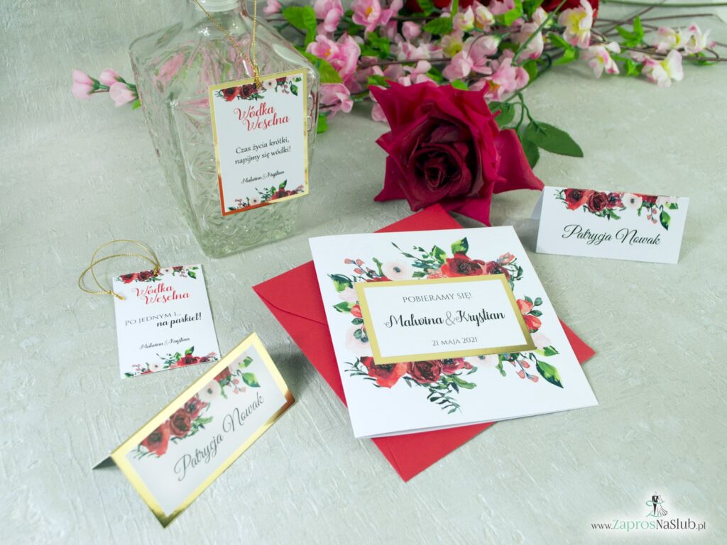 Zestaw kwiatowy na ślub z czerwonymi różami, na złotym papierze z efektem lustra, modne ZAP-114-min