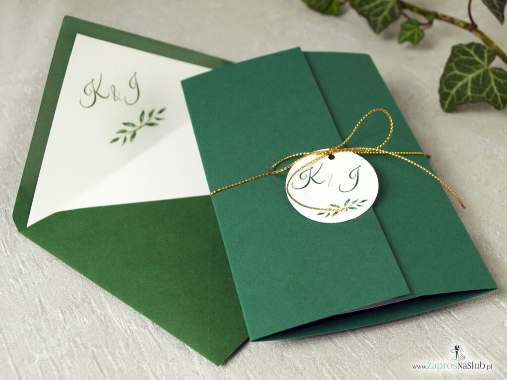 zaproszenia na ślub zielone eleganckie, z motywem zielonych listków ZAP-125-min