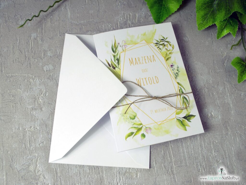 Ślubne zaproszenia geometryczne, rustykalne z motywem liści zielonych i przewiązane sznurkiem ZAP-41-01
