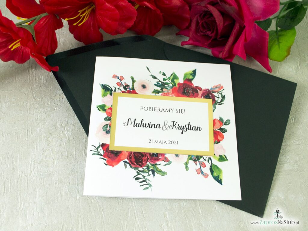 Ślubne zaproszenia kwiatowe, czerwone róże, zielone liście, modne złote, efekt lustra ZAP-114-min