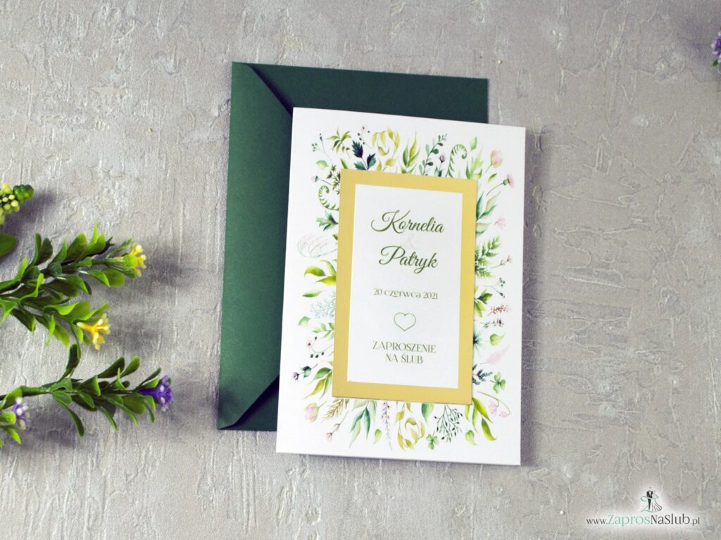 Ślubne zaproszenia w stylu rustykalnym z motywem zieloych liści, botaniczne, złote lustro papier ZAP-123