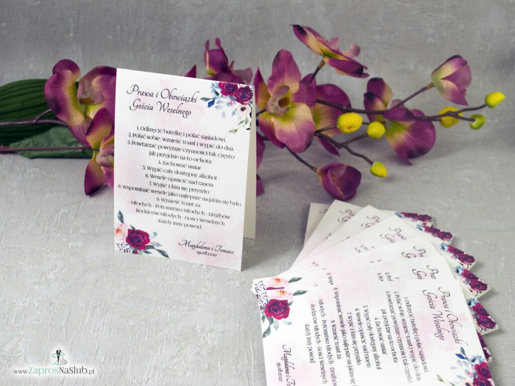 Obowiązki gościa weselnego z motywem róż w kolorze bordowym i różowym na delikatnym tle. PiOGW-41-06-min