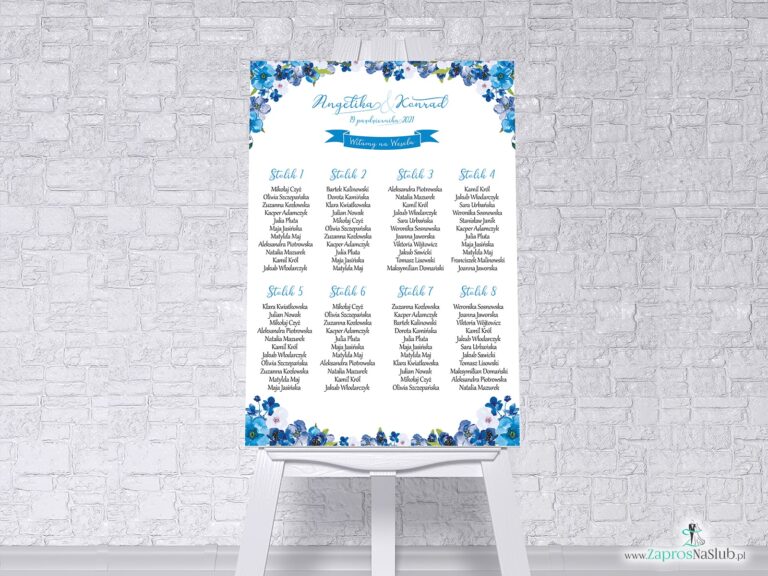 Plan stołów na tablicy pcv z kwiatami w odcieniach niebieskiego, plakat plan stołów PSDP-35-04