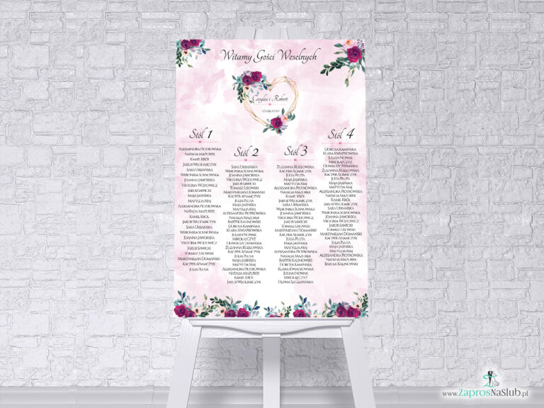 Plan stołów na tablicy z kwiatami bordowych i różowych róż. w formie plakatu lub tablicy PCV 5mm PSDP-41-06