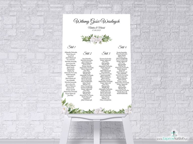 Plan stołów z białymi kwiatami i zielonymi liśćmi w formie plakatu lub tablicy PCV 5mm. PSDP-127 - ZaprosNaSlub