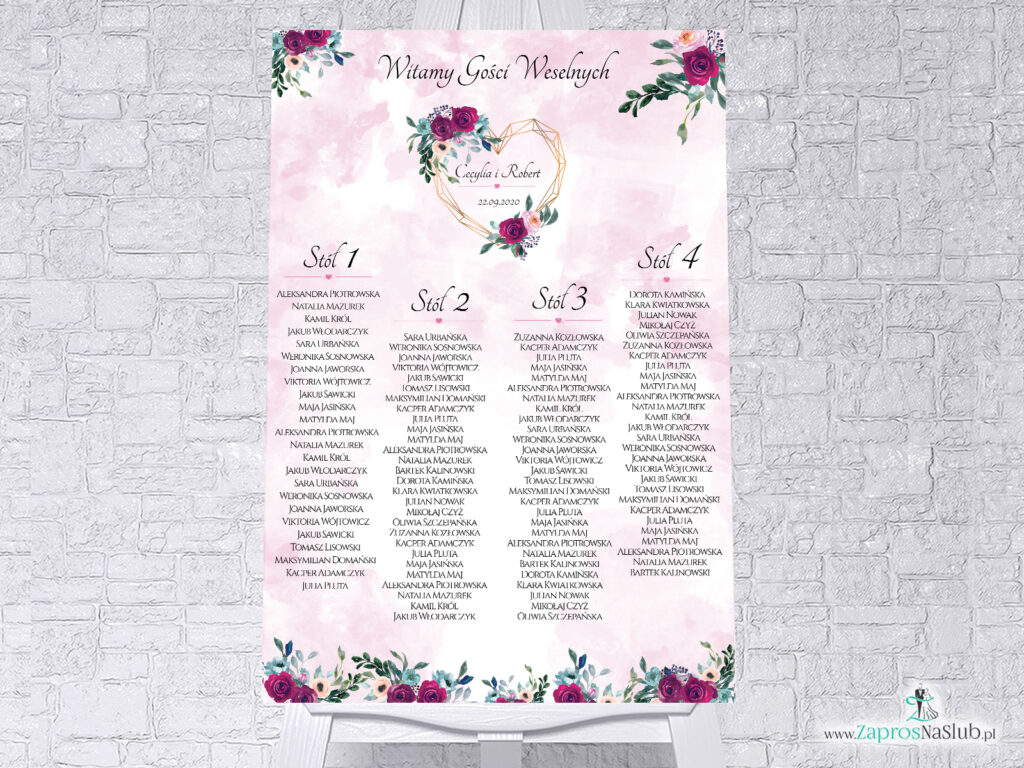 Plan stołów z geometrycznym sercem oraz bordowymi i różowymi kwiatami na delikatnym tle. Tablica PCV lub Plakat PSDP-41-06
