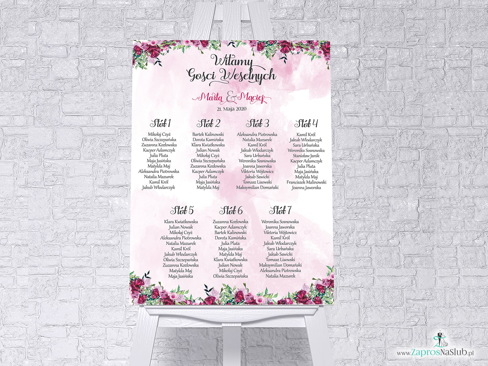Plan stołów z kwiatami piwonii w formie plakatu lub tablicy PCV 5mm. PSDP-38-04 - Zaproszenia ślubne ZaprosNaSlub
