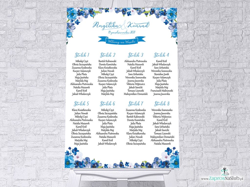 Plan stołów z niebieskimi kwiatami plakat 70x100cm niebieskie na tablicy pcv 5mm PSDP-35-04