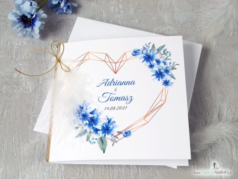 Geometryczne zaproszenia ślubne z sercem, białym piórkiem i niebieskimi kwiatami. ZAP-41-22