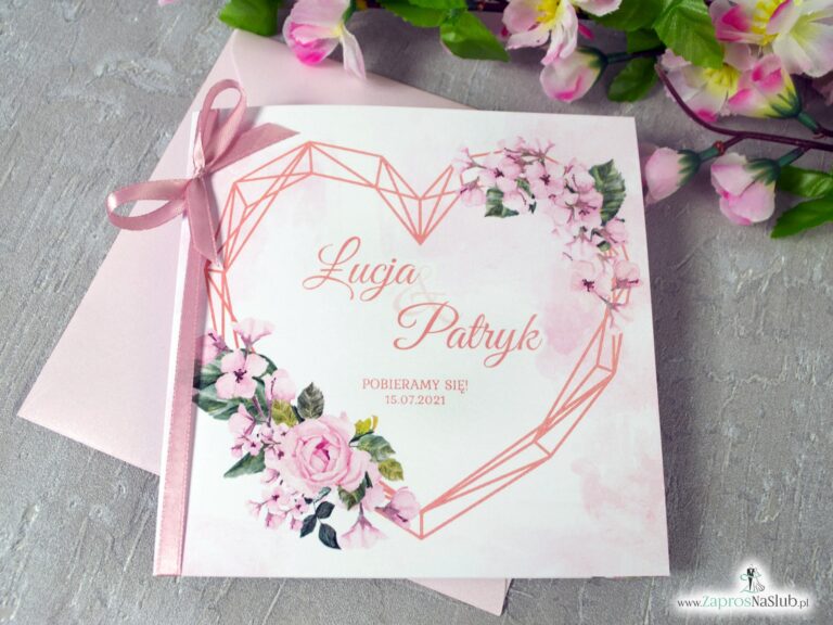 Modne zaproszenia na ślub z różowymi kwiatami i geometrycznym sercem ZAP-41-23-min