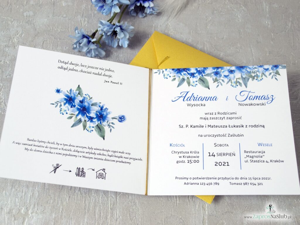 Modne zaproszenia ślubne geometryczne z piórkiem, serce, niebieskie kwiaty ZAP-41-22