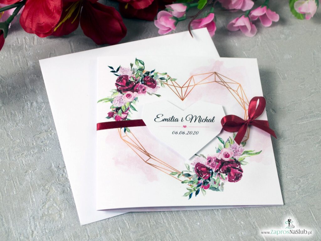 Modne zaproszenia ślubne z sercem i kwiatami piwonii, geometryczne ZAP-41-08