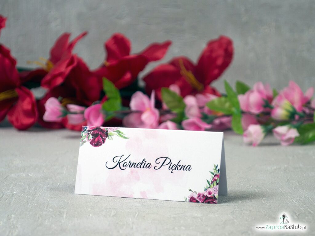 Winietki na stół z kwiatami piwonii bordowe WIN-41-08