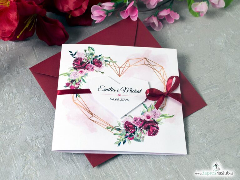 Zaproszenia ślubne z motywem geometrycznego serca i kwiatami piwonii. ZAP-41-08 - ZaprosNaSlub