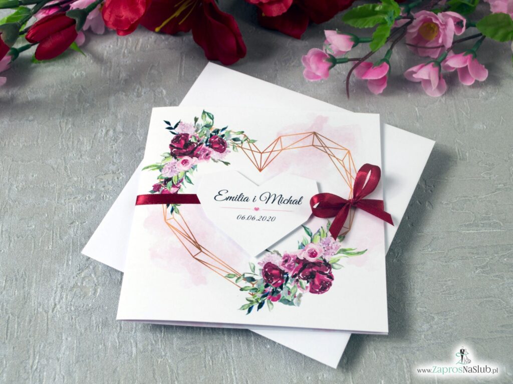 Zaproszenia na ślub geometryczne serce, kwiaty piwonii ZAP-41-08