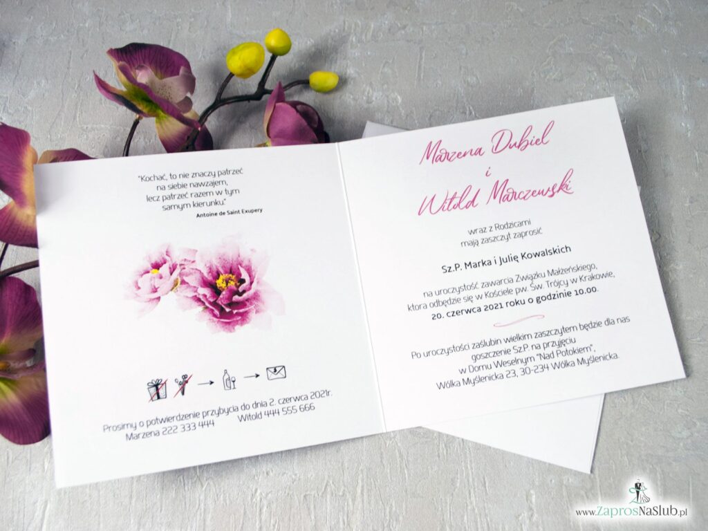 Zaproszenia na ślub z kwiatkami piwonii. Różowe kwiaty ZAP-39-01-min
