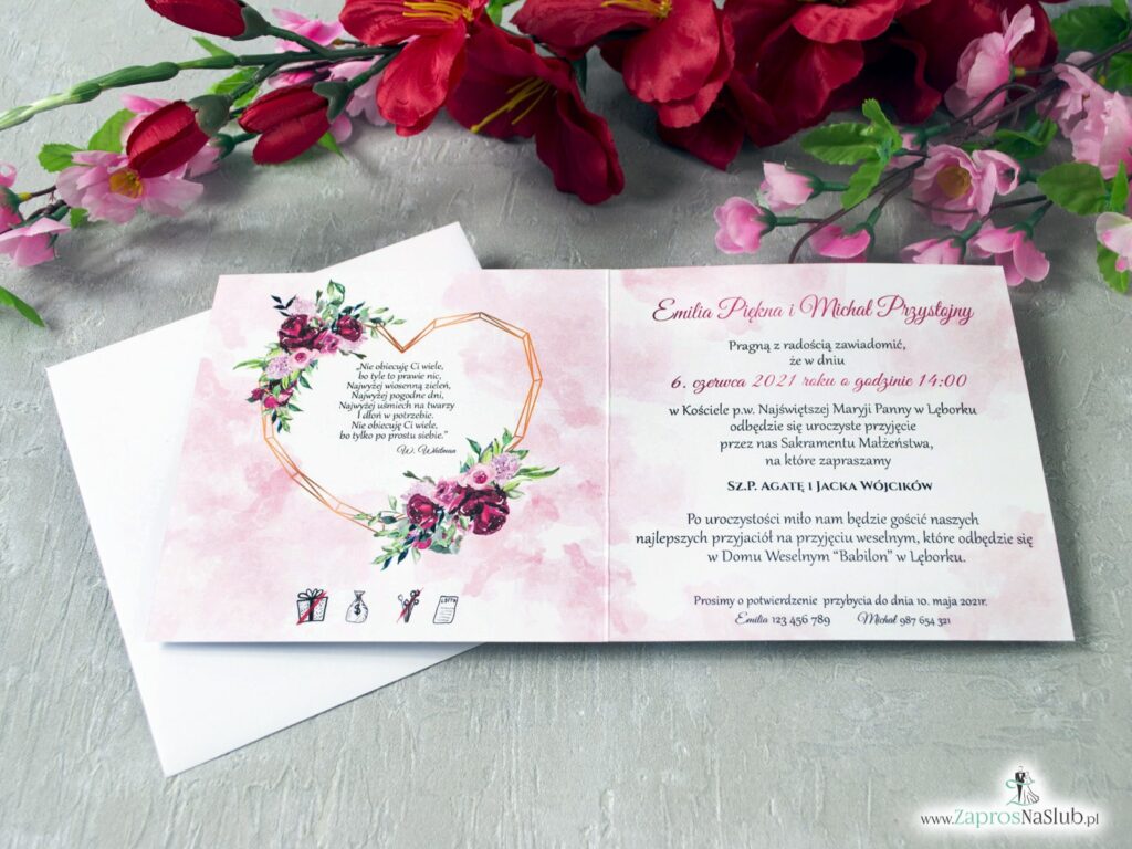 Zaproszenia ślubne kwiatowe z geometrycznym sercem i kwiatami piwonii ZAP-41-08