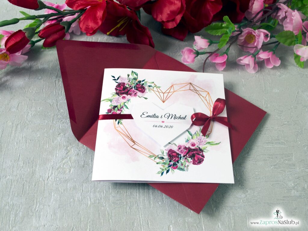Zaproszenie ślubne z kwiatami piwonii i geometrycznym sercem ZAP-41-08