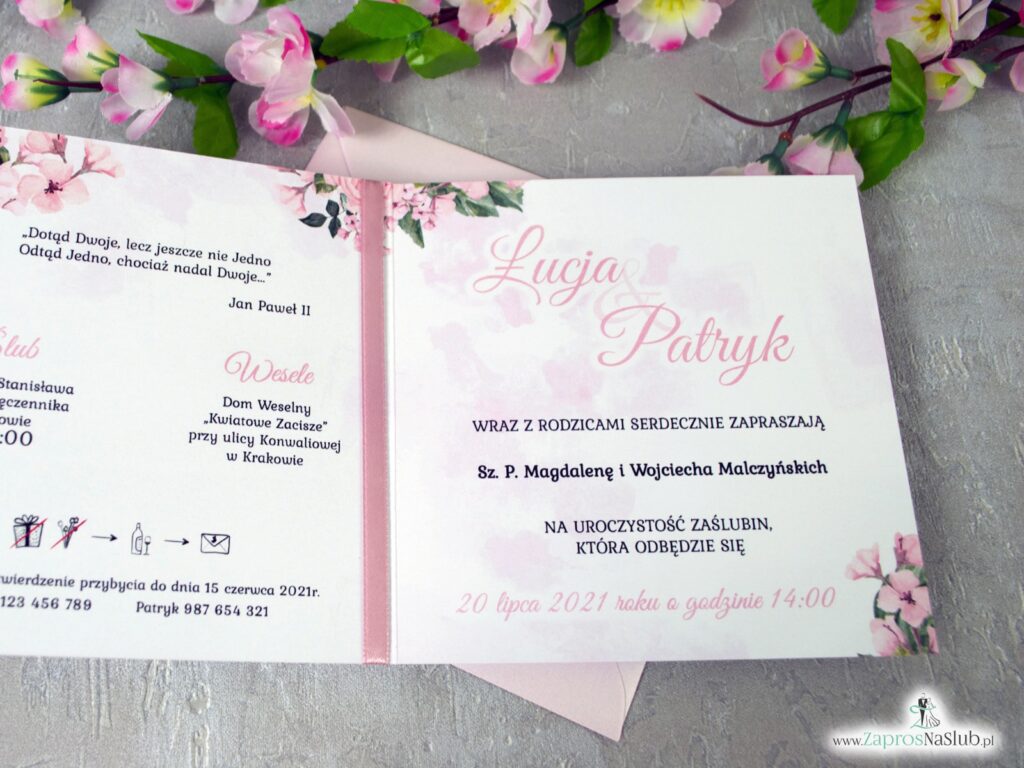 Zaproszenie ślubne z kwiatami róży w kolorze różowym i geometrycznym sercem ZAP-41-23-min