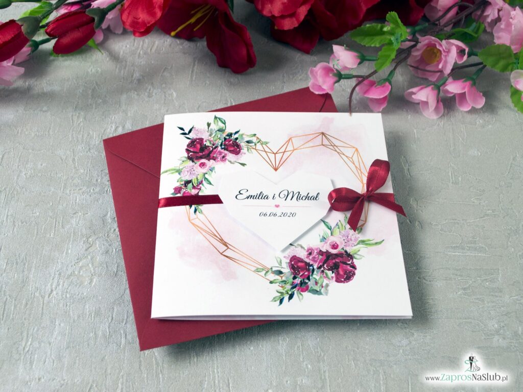 Ślubne zaproszenia geometryczne serce i kwiaty piwonii, modny wzór ZAP-41-08