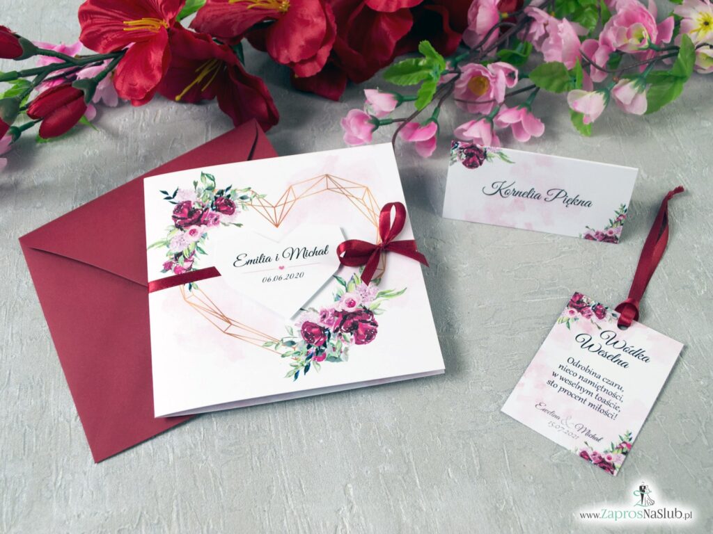 Ślubne zaproszenia geometryczne, serce, kwiaty piwonie ZAP-41-08