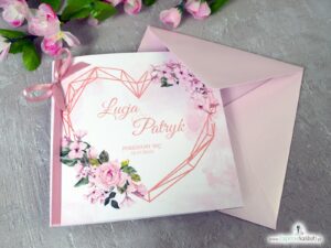 Modne zaproszenia ślubne z różowymi kwiatami róży i geometrycznym sercem. ZAP-41-23
