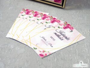 Iskierki miłości - karteczki na zimne ognie z różowymi kwiatami i złotymi liniami IMZO-131