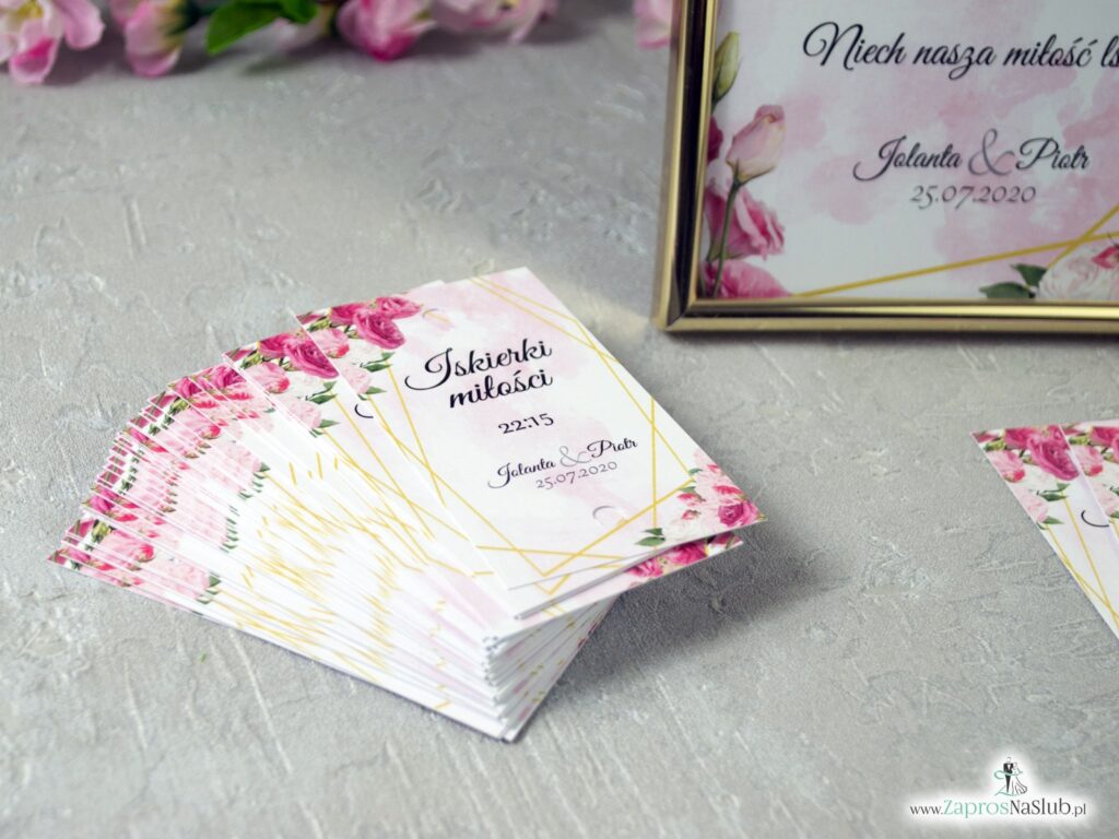 Karteczki na zimne ognie, iskierki miłości z różowymi kwiatami i złotymi liniami IMZO-131