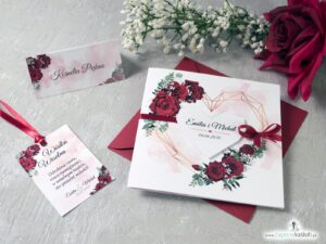 Eleganckie zaproszenia ślubne z czerwonymi różami i geometrycznym sercem. ZAP-41-09