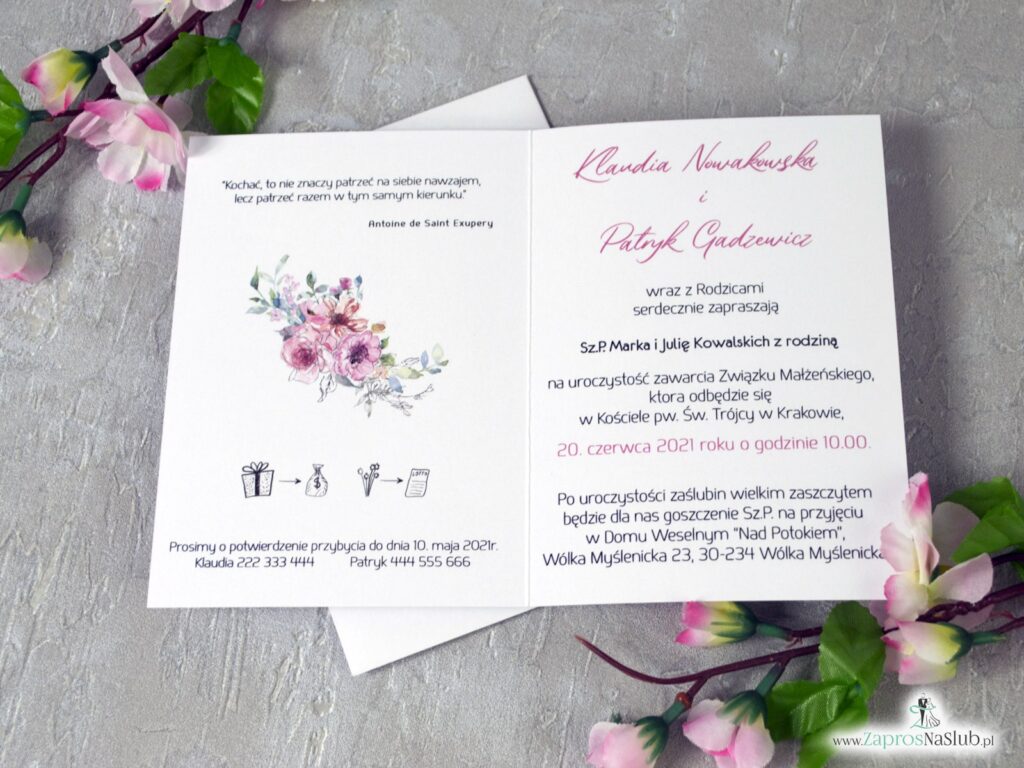 Modne zaproszenia ślubne z różowymi kwiatami i delikatnymi konturami, z motywem rombu z efektem lustra ZAP-129