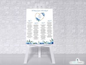 Plan stołów z niebieskimi kwiatami i geometrycznym złotym sercem w formie plakatu lub tablicy PCV 5mm. PSDP-41-22