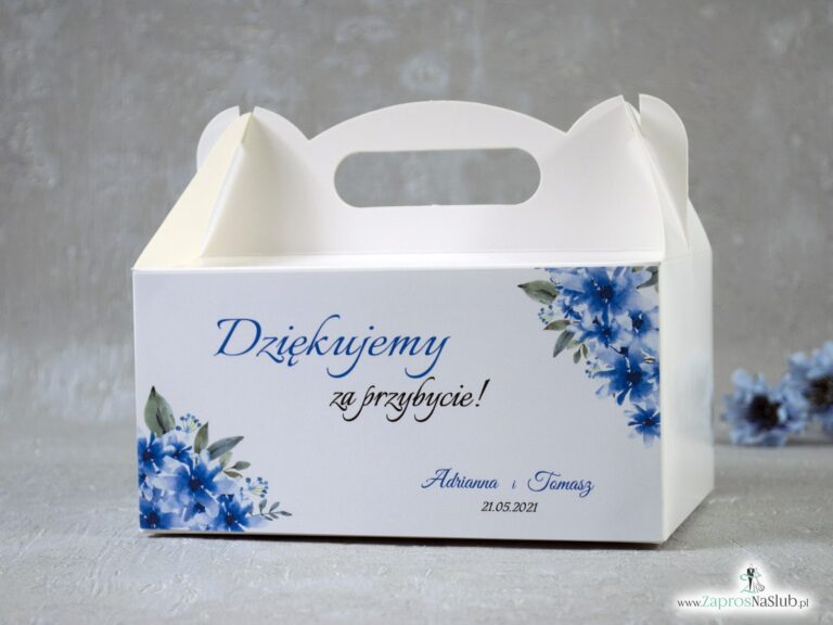 Pudełko na ciasto z niebieskimi kwiatami. Podziękowanie dla gości. PNC-41-22 - ZaprosNaSlub